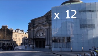 Edinburgh's Usher Hall with x 12 projected on the front
