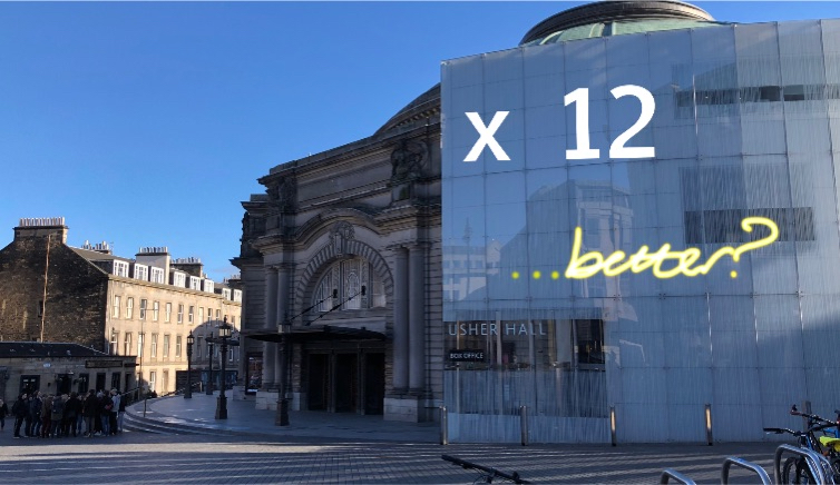 Usher Hall with the text 'x 12 better??' floating in front of it