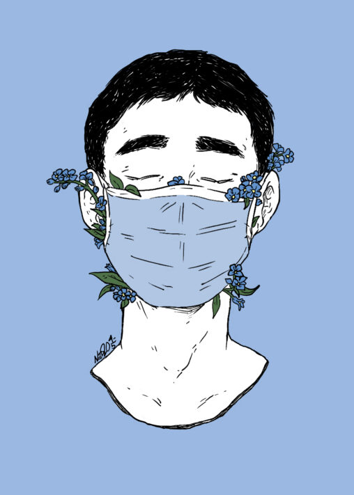 drawing of man wearing face mask with forget-me-nots poking out from beneath mask