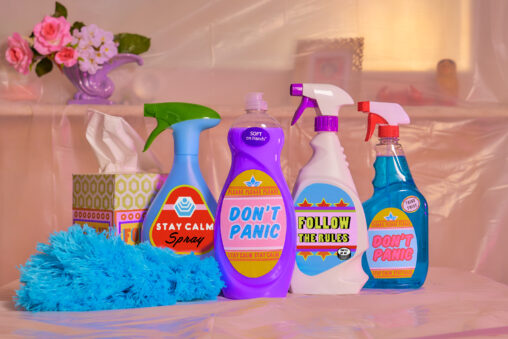 spray bottles with labels such as 'stay calm' and 'don't panic' with pick background and pink and blue flowers