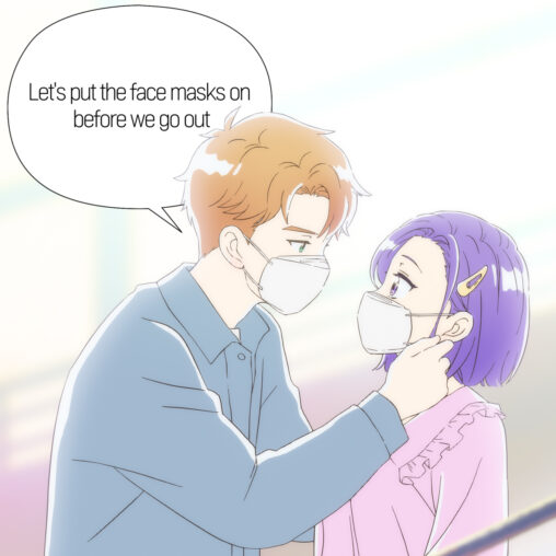 Manga-style animation of a couple donning face masks