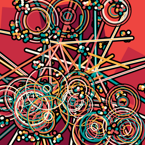 The first version of Armand's digital artwork. It displays a red background, some yellow, white and green circles at the top and more of these circles at the bottom of the picture. In the middle of the picture there are lines of the same colours as the circles.