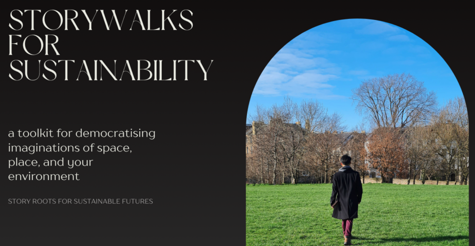 screenshot of a presentation, with title 'Storywalks for Sustainability' and a picture of a man walking away from the camera towards a wooded area on a bright day.