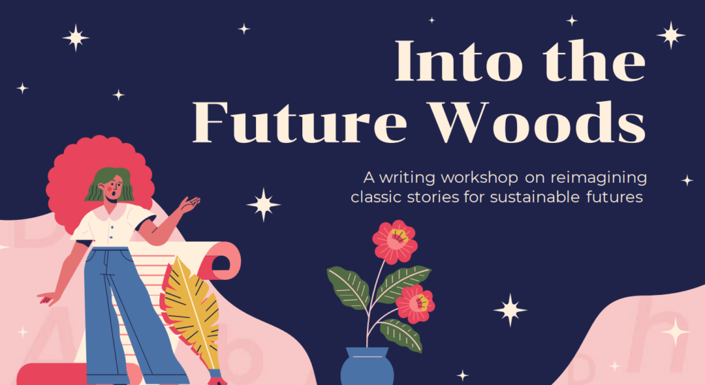 Screenshot of 'Into the Future Woods' document, includes a picture of a female cartoon character, with a page and a quill, a vase with flowers, against a night sky with stars