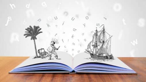 illustration of a book opening and a drawing of a pirate on an island and a sailing ship emerging from the pages.