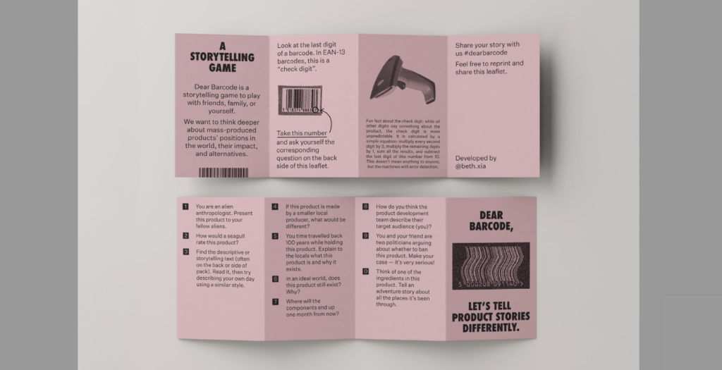 photograph of the 'Dear Barcode' storytelling game - a folded piece of card with instructions and pictures