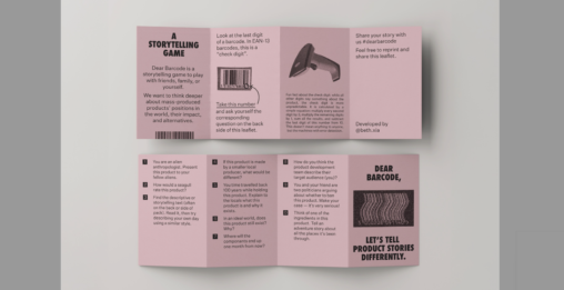 photograph of the 'Dear Barcode' storytelling game - a folded piece of card with instructions and pictures