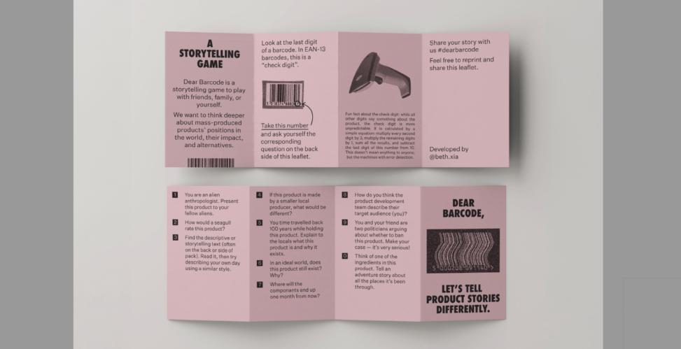 photograph of the 'Dear Barcode' storytelling game - a folded piece of card with instructions and pictures