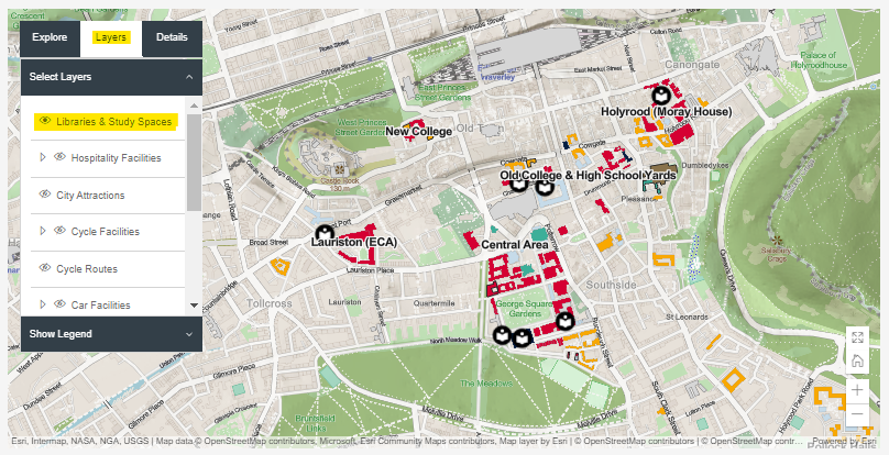 Screen capture of the interactive campus map. The image shows a map of the central part of the Edinburgh campus with several small icons denoting the locations of campus libraries.
