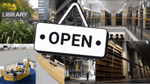 Clockwise from top left, photographs of Main Library (external), Moray House Library (internal), Law Library (internal), Noreen and Keneth Murray Library (external) and Royal Infirmary Library (internal). With an "Open" sign on top.
