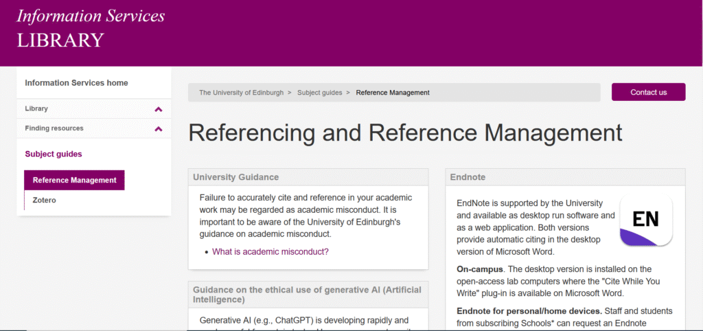 A screenshot of the Referencing and Reference Management guide.