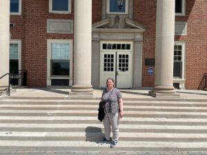 Christine on the steps of Pittsburgh Theological Seminary