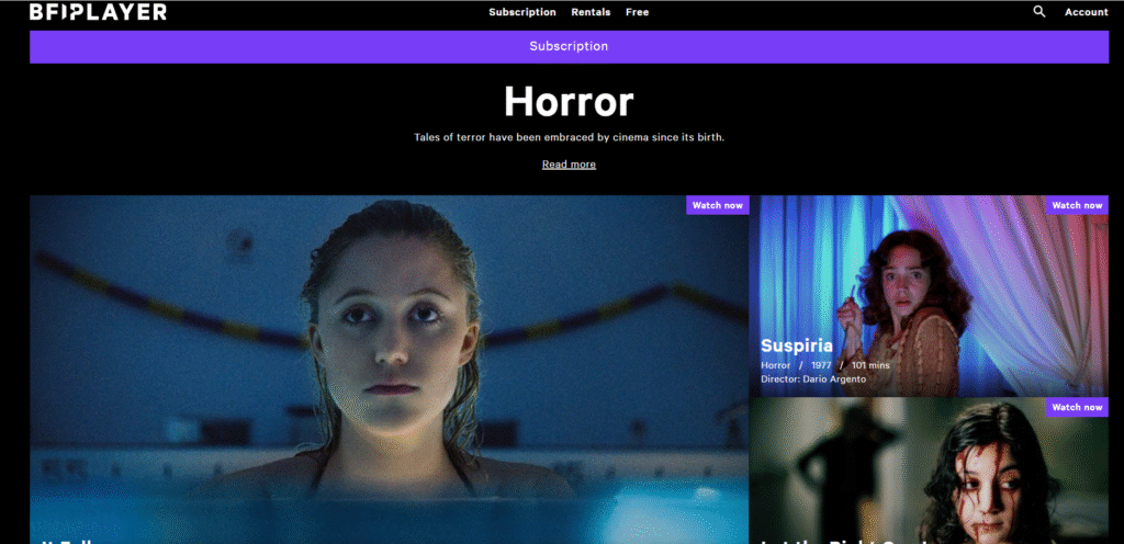 Screenshot of BFI Player horror film page showing three movie stills: a woman in a pool with a solemn expression, a frightened woman in front of colorful curtains (Suspiria, 1977), and a bloodied woman with a blurred figure in the background. Each has a purple "Watch now" label.