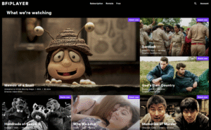 Screenshot of BFI Player website section "What we're watching," featuring movie thumbnails and titles including "Memoir of a Snail," "Santosh," "God's Own Country," "Hundreds of Beavers," "Who We Love," and "Memories of Murder," each with watch now labels, genres, years, durations, and directors.