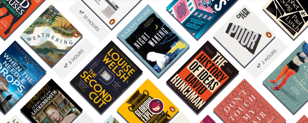Diagonal arrangement of audiobook covers, including titles like "Weathering," "Night Waking," "Poor," "The History of Ideas," and others, with some showing listening durations.