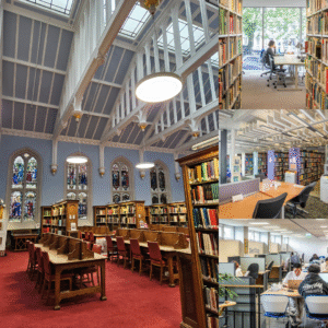 A collage showing different library interiors: a large historic reading room with stained glass windows and wooden desks; a modern library aisle with bookshelves and a person working at a desk by a window; a quiet study area with tables and chairs; and a group study space with students working together.