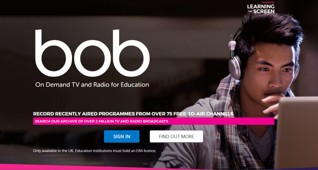 Screenshot of the Box of Broadcasts (BoB) homepage with BoB logo and sub-heading "On Demand TV and Radio for Education", with Sign In button and Find Out More button.