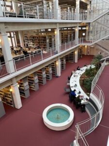 View into a library with water feature and plants