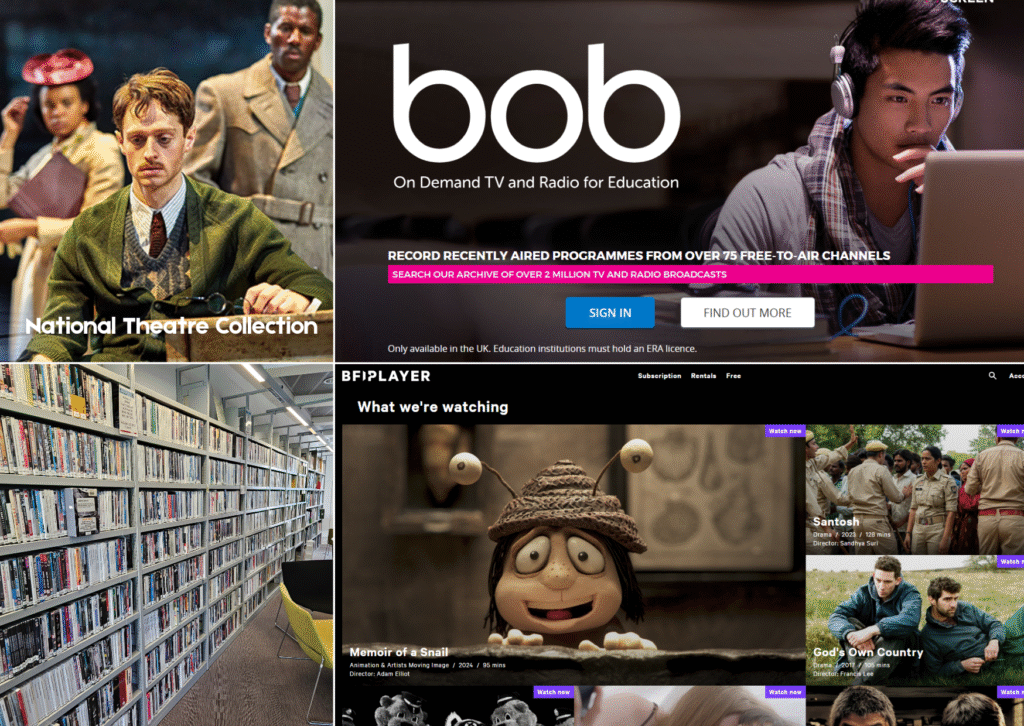 Screenshots from National Theatre Collection, Box of Broadcasts and BFI Player, and a photo of the DVD collection in ECA Library.