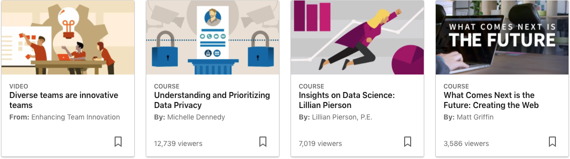 Thumbnails previews of LinkedIn Learning videos and courses.