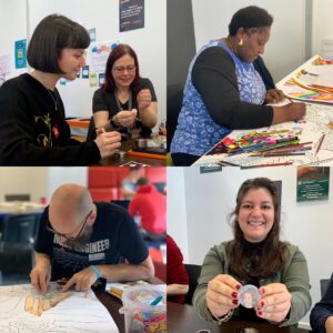 Photo montage of 5 people making STEM badges and stickers.