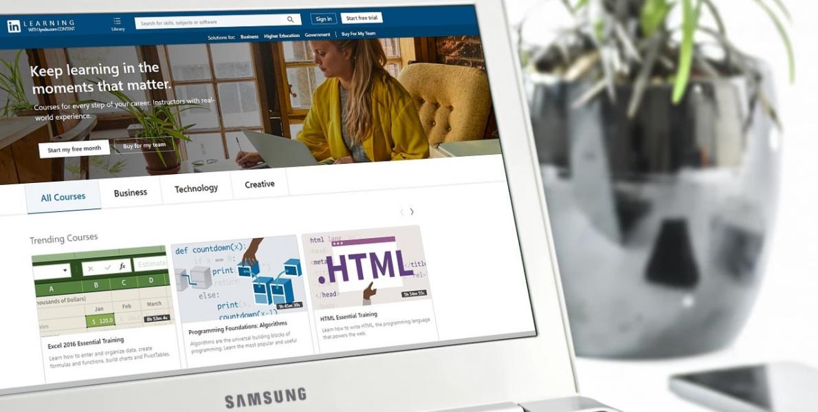 Photograph of laptop displaying the LinkedIn Learning home page