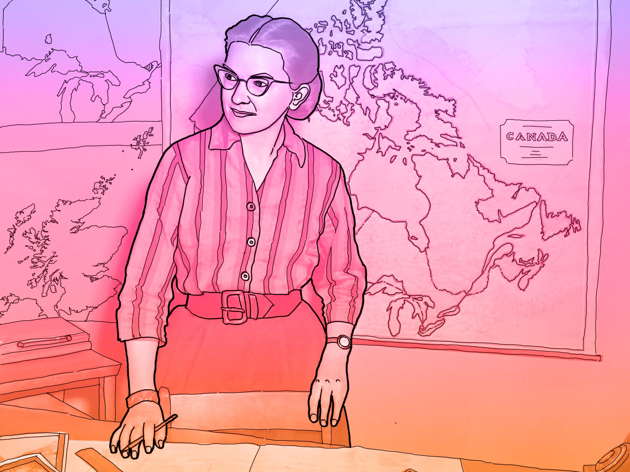Colourful illustration of Moira Dunbar standing behind a desk with maps of Arctic sea-ice, Canada and Scotland surrounding her.
