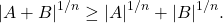 \[ |A+B|^{1/n} \ge |A|^{1/n} + |B|^{1/n}. \]