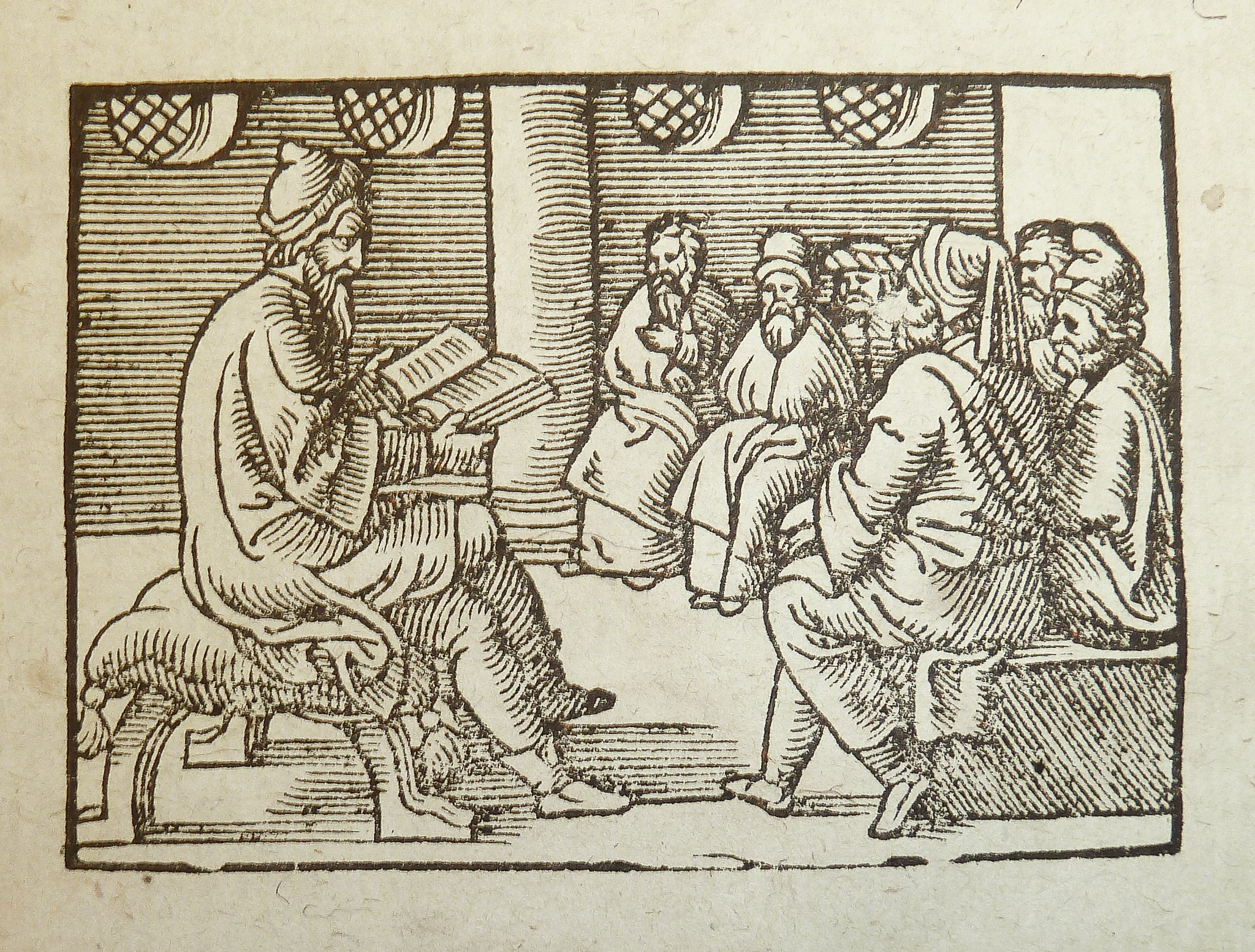 Woodcut illustration of a teacher and students