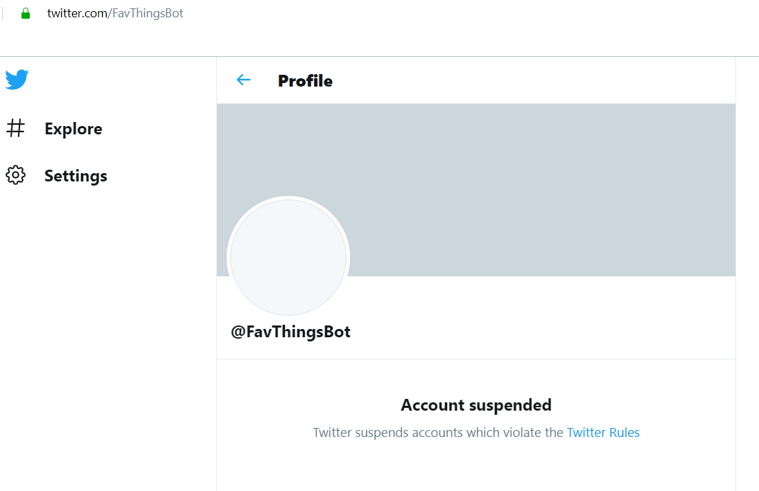 Screenshot: FavThingsBot's account has been suspended