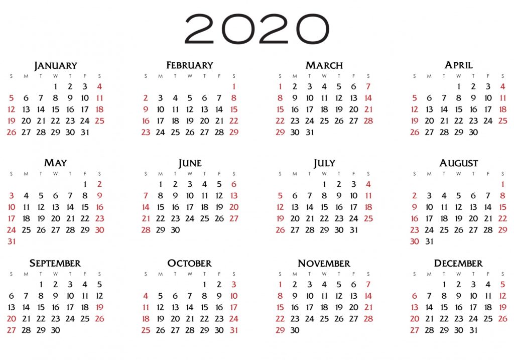 Free Printable 2020 Calendar from PublicDomainPictures.net