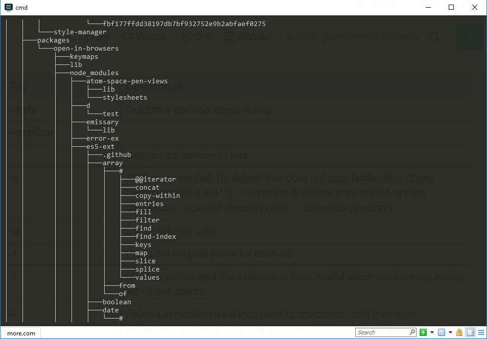 Using more for a paged listing of my directory tree in Cmder. 