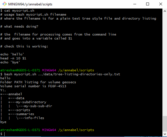 Screenshot showing the beginnings of the script and a test run, reading the file path from the command line and accessing the data in the file. The code so far: Line 1: echo 'hello' Line 2: head -n 10 $1 Line 3: echo 'bye'