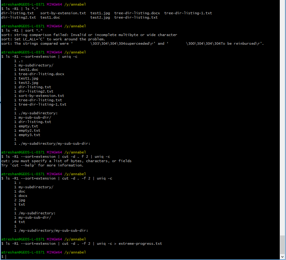 Filtering and aggregating my file and directory listings with the uniq and cut commands - nearly there now!