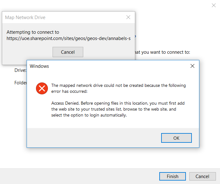 Screenshot: Access denied when trying to map a network drive to SharePoint