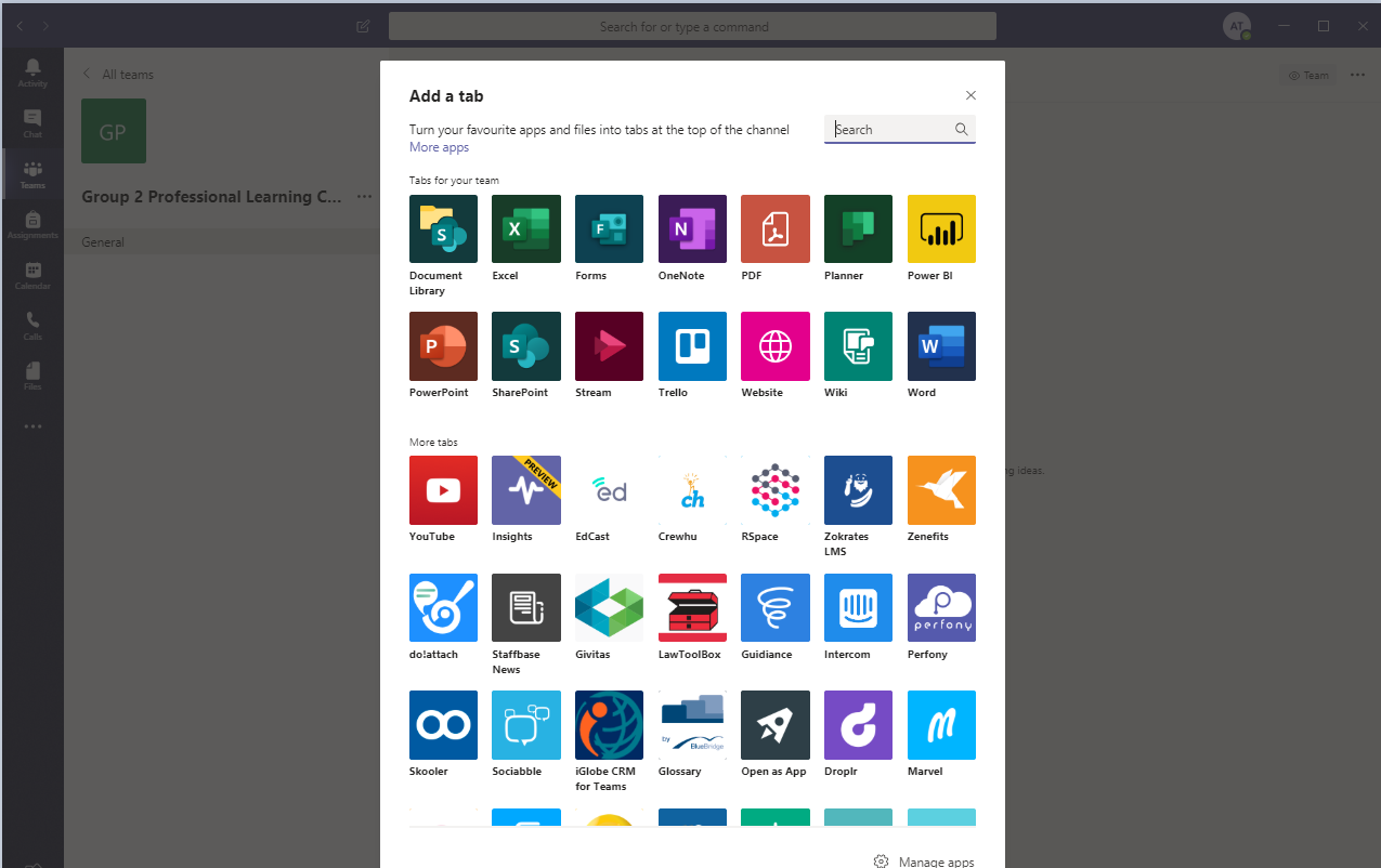 Screenshot from Microsoft Teams: Icons for apps you can add