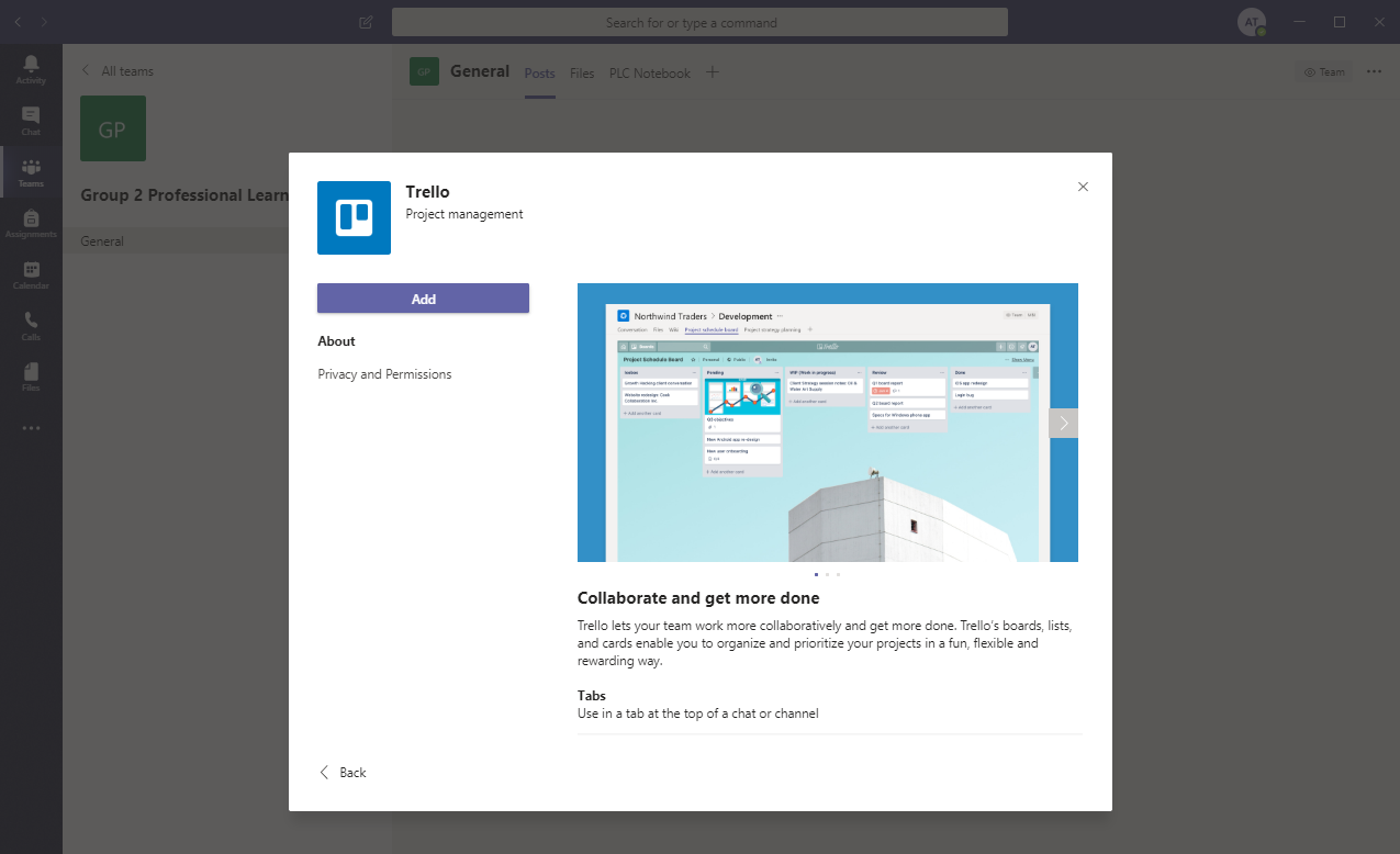 Screenshot from Teams: Popup for adding Trello