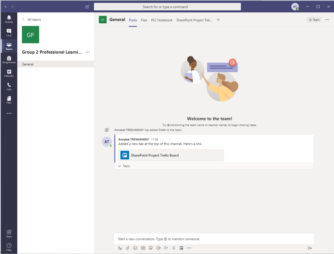 Screenshot from Microsoft Teams, showing an update about the new Trello board