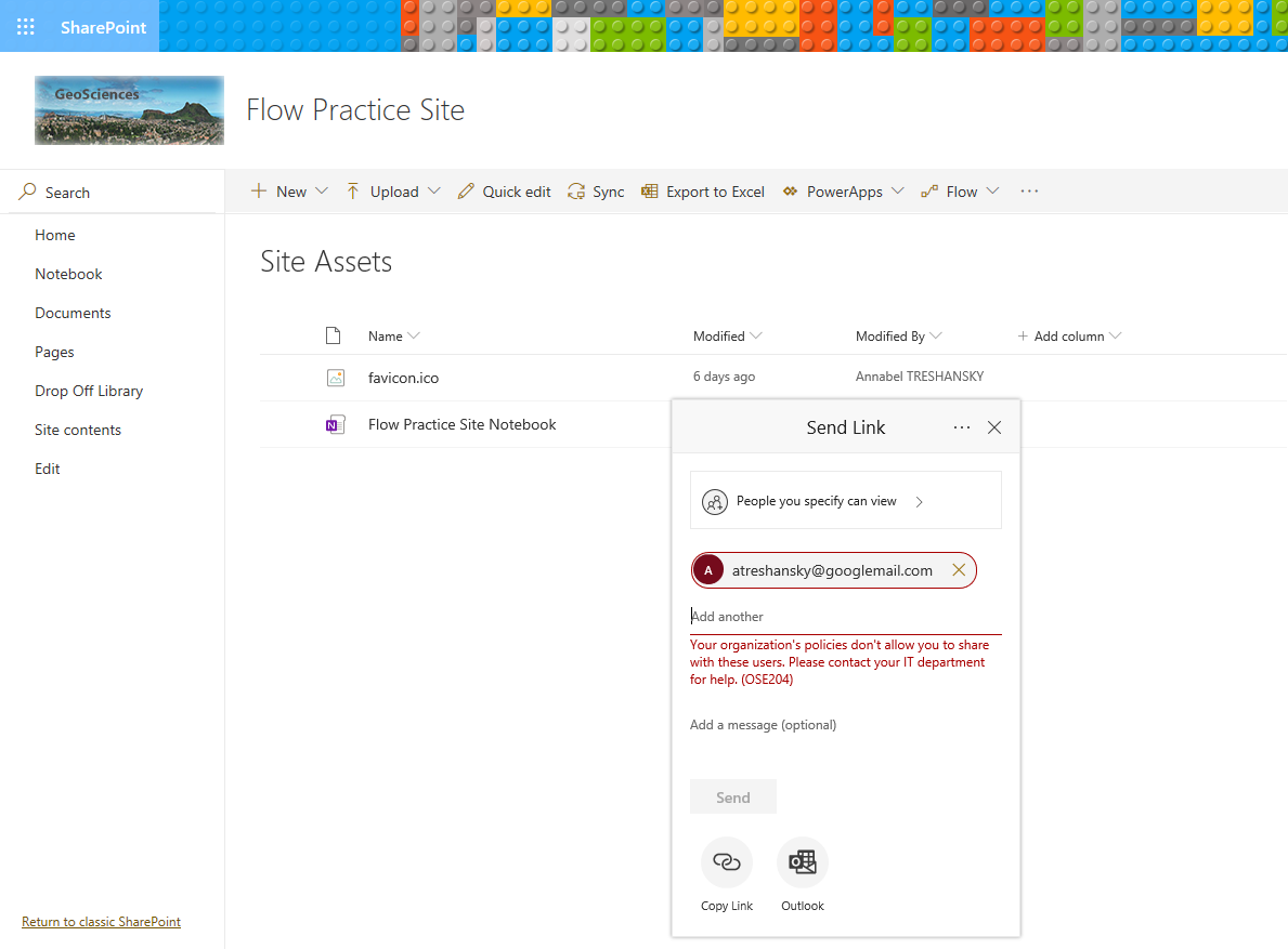 Screenshot: SharePoint won't let me email an address outside my organisation