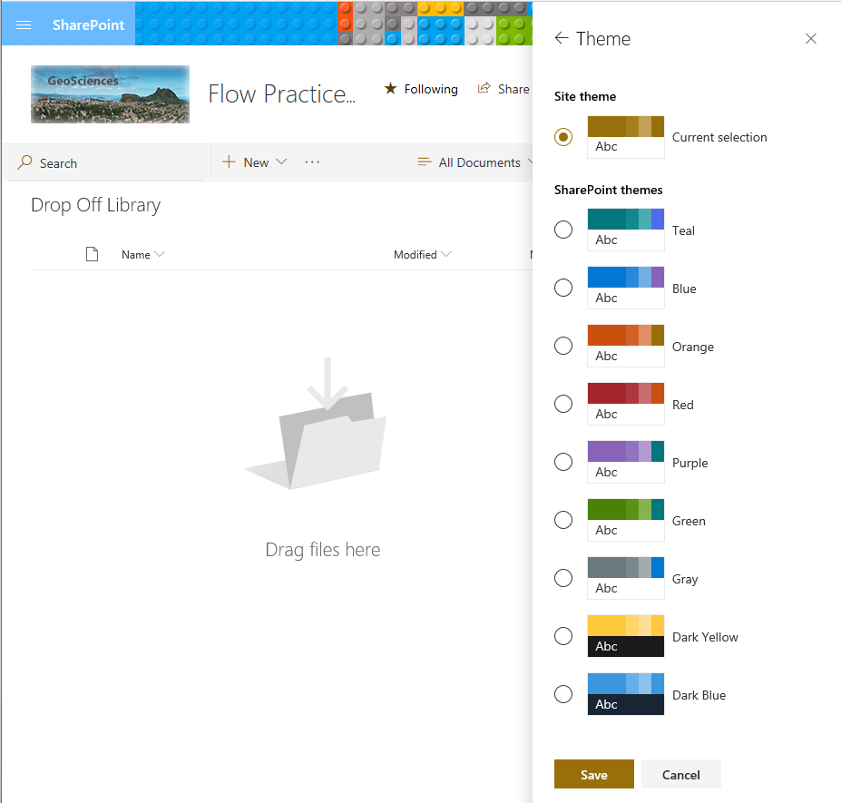 Screenshot: changing the theme in SharePoint Modern is really a choice of colour schemes