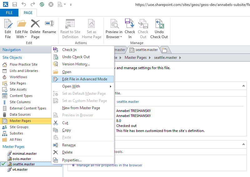 Screenshot: selecting a checked out file for editing in SharePoint Designer