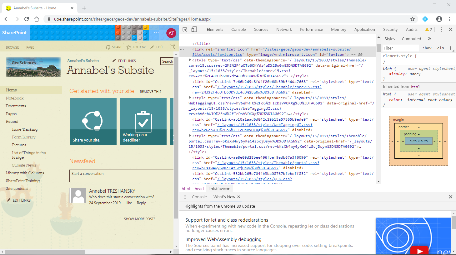 Screenshot showing an inspection of the code that works in Chrome