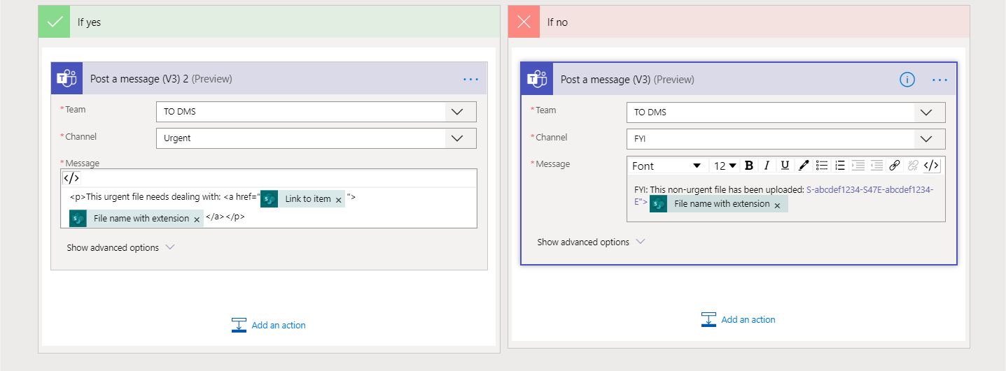 Screenshot from Teams: Editing Flow messages in Code View