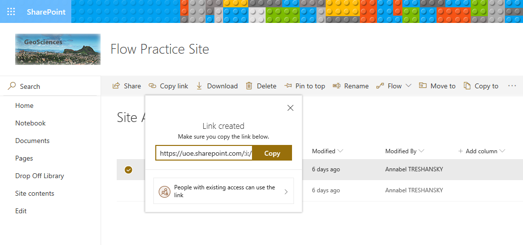 Screenshot: dialog box for copying a link in SharePoint