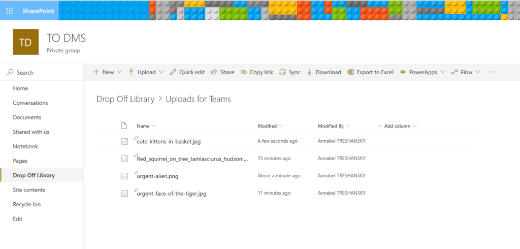 Screenshot: files uploaded to SharePoint