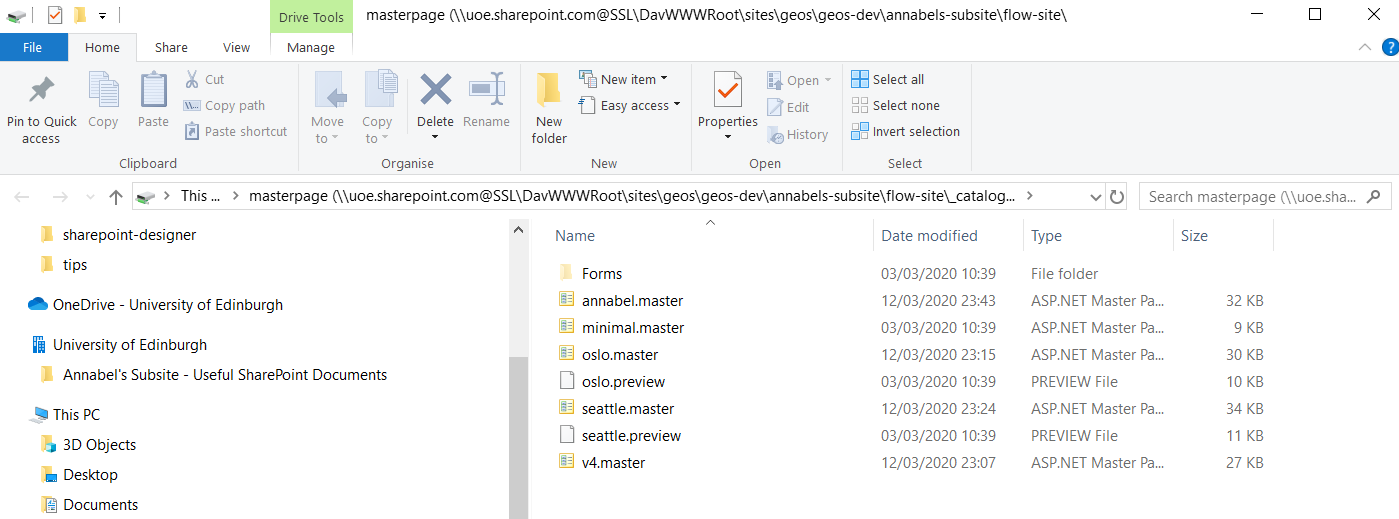 Screenshot of my network drive listing Mater Page files from SharePoint in Windows File Explorer