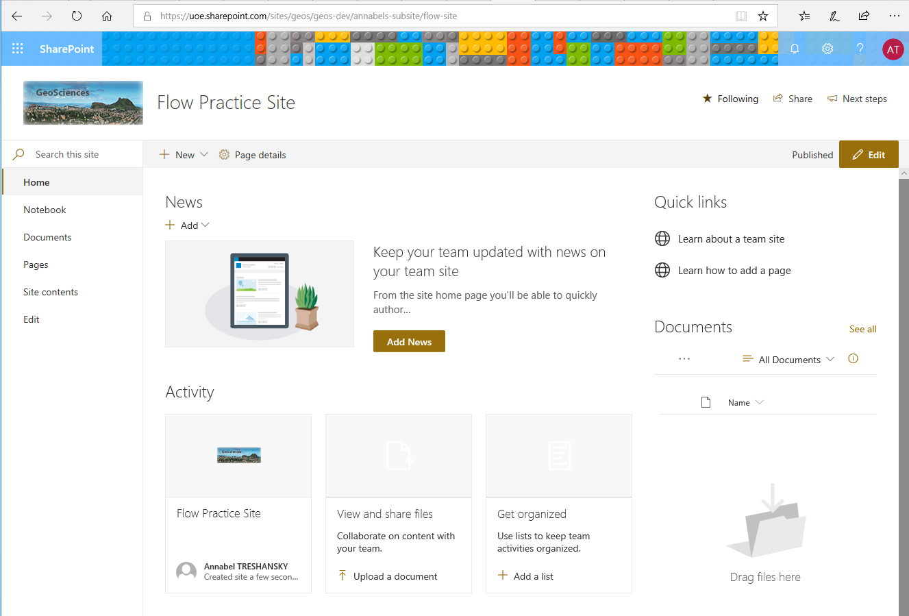 Home screen of the newly created SharePoint site