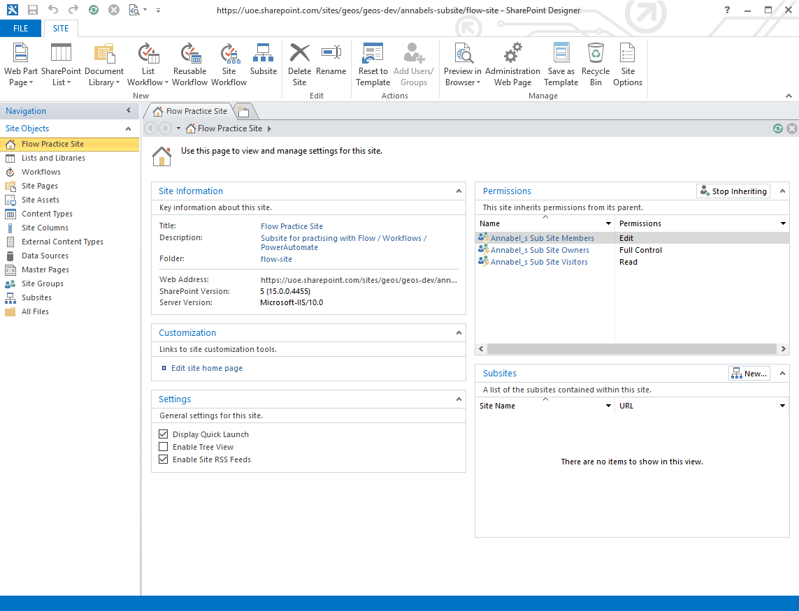 Screenshot: first view after opening my subsite in SharePoint Designer