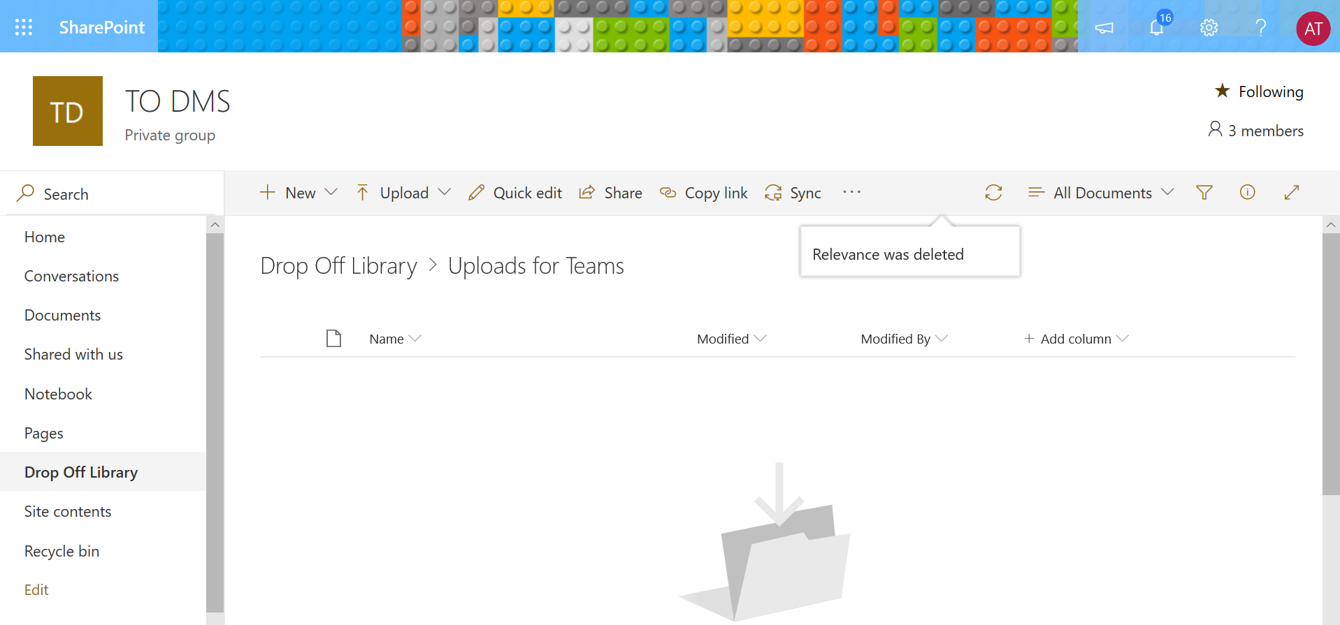 SharePoint screenshot saying 'Relevance was deleted'
