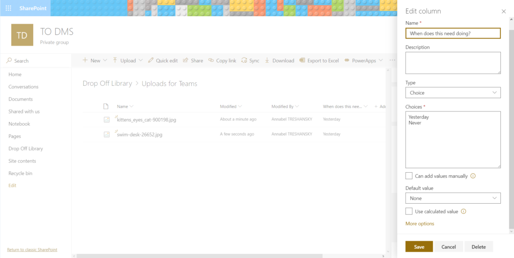 Screenshot from SharePoint: setting the default field value in the new choice column to 'none'